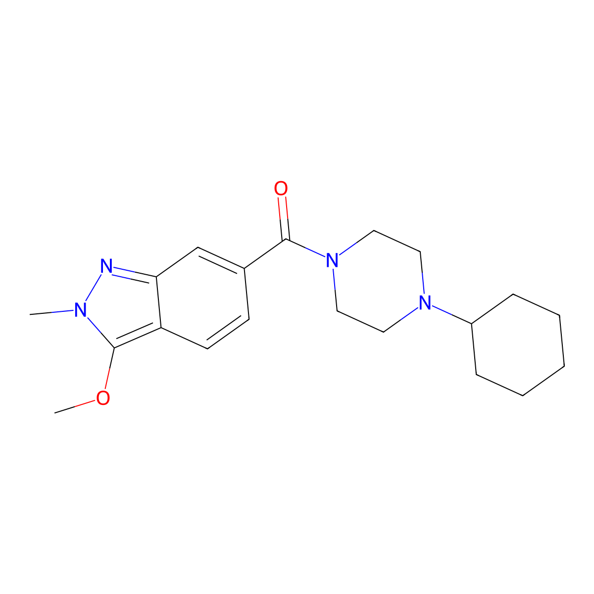 (4-cyclohexylpiperazin-1-yl)(3-methoxy-2-methyl-2H-indazol-6-yl)methanone molecular structure, CAS 1421515-19-6