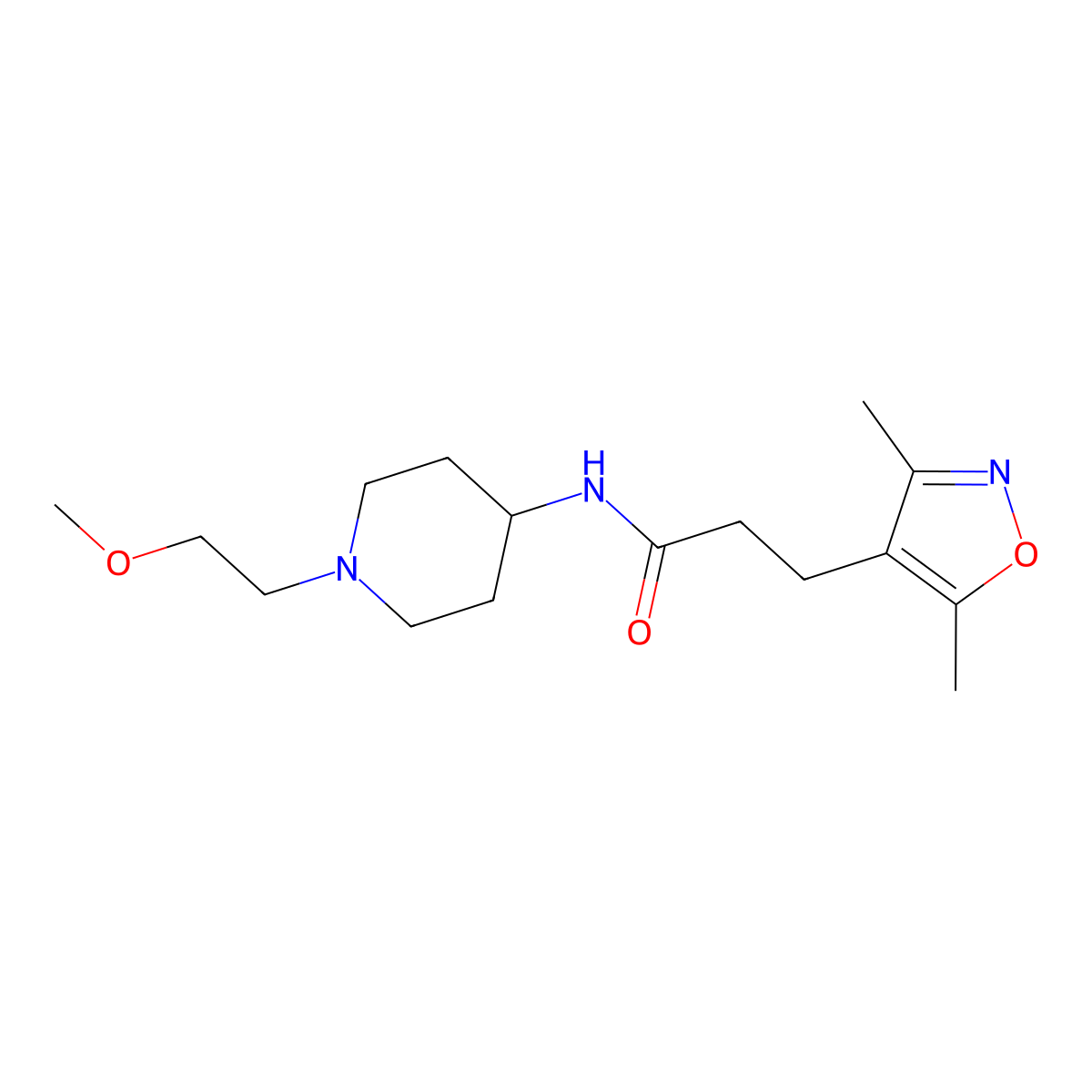 3-(3,5-dimethylisoxazol-4-yl)-N-(1-(2-methoxyethyl)piperidin-4-yl)propanamide molecular structure, CAS 1421515-25-4