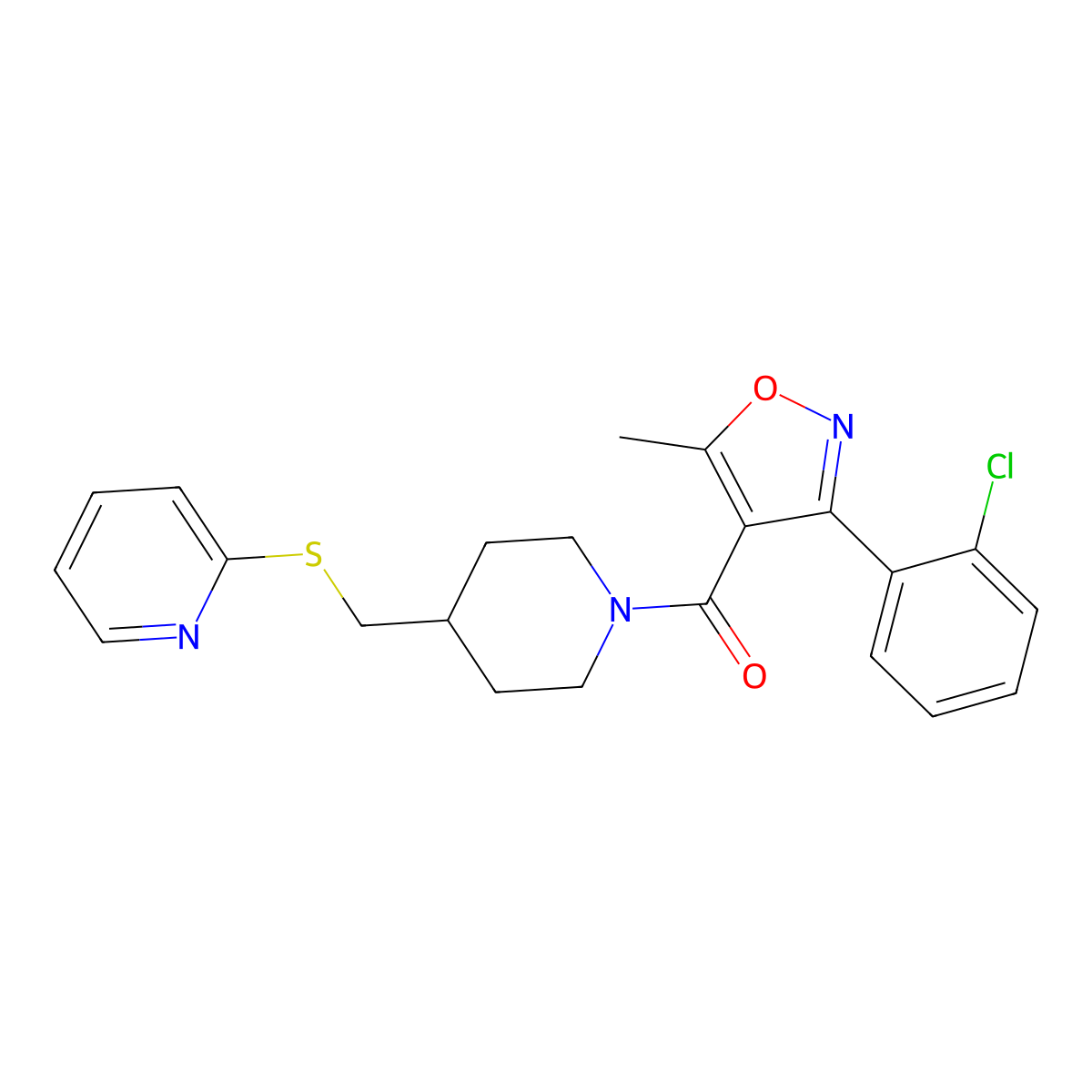 (3-(2-Chlorophenyl)-5-methylisoxazol-4-yl)(4-((pyridin-2-ylthio)methyl)piperidin-1-yl)methanone molecular structure, CAS 1421515-37-8
