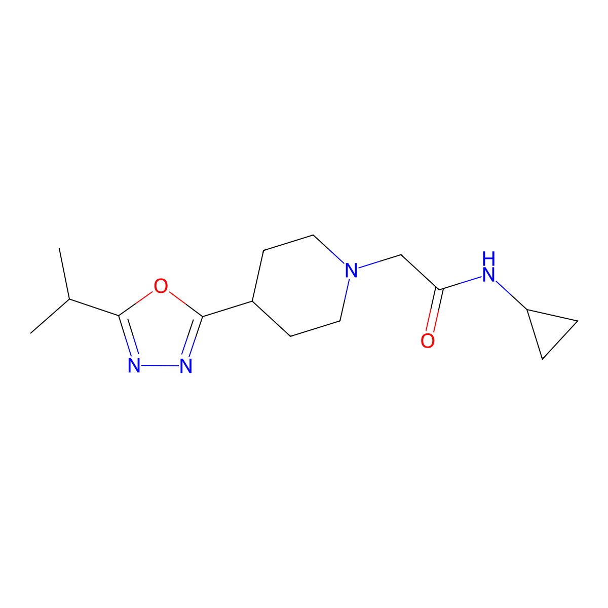 N-cyclopropyl-2-(4-(5-isopropyl-1,3,4-oxadiazol-2-yl)piperidin-1-yl)acetamide molecular structure, CAS 1421515-39-0