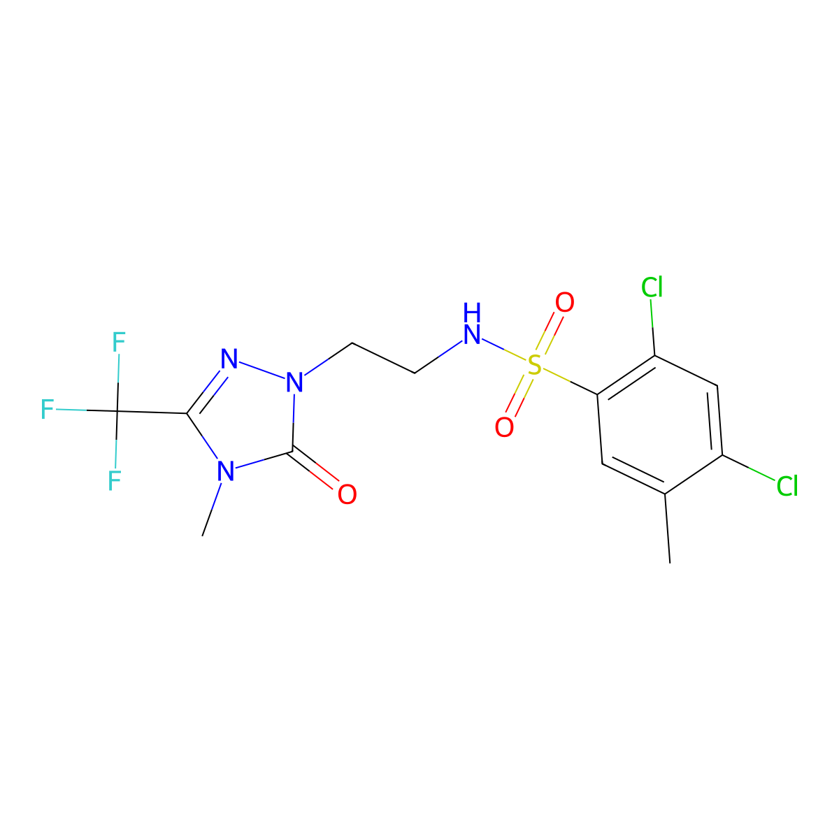 2,4-dichloro-5-methyl-N-(2-(4-methyl-5-oxo-3-(trifluoromethyl)-4,5-dihydro-1H-1,2,4-triazol-1-yl)ethyl)benzenesulfonamide molecular structure, CAS 1421515-56-1