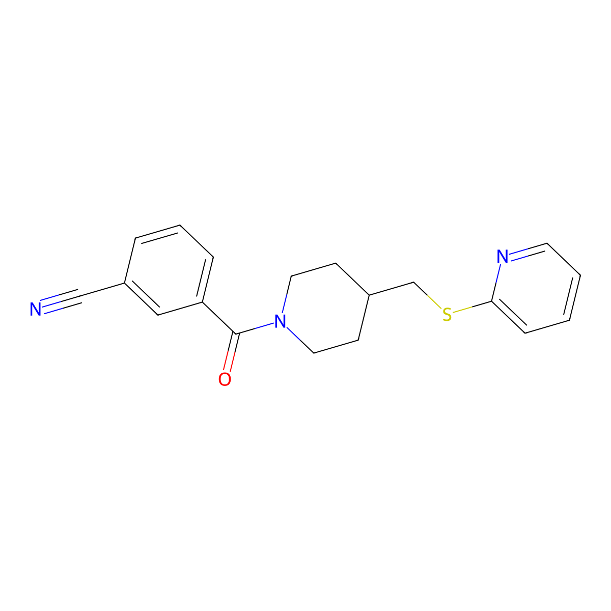 3-(4-((Pyridin-2-ylthio)methyl)piperidine-1-carbonyl)benzonitrile molecular structure, CAS 1421515-60-7