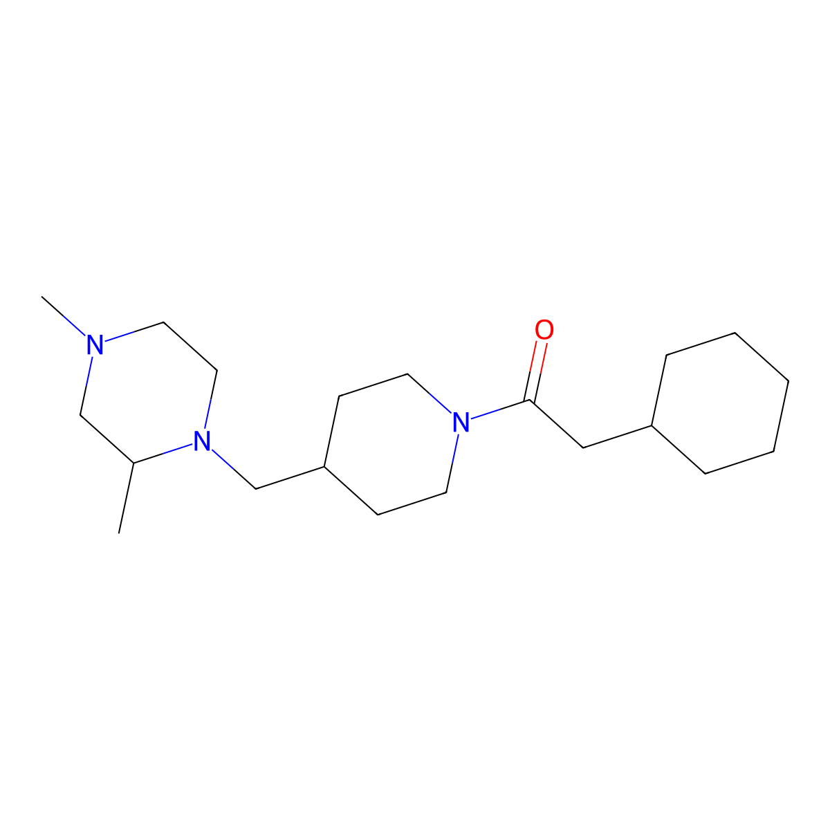 2-Cyclohexyl-1-(4-((2,4-dimethylpiperazin-1-yl)methyl)piperidin-1-yl)ethanone molecular structure, CAS 1421515-67-4