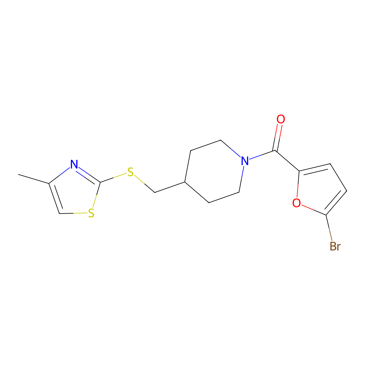 (5-Bromofuran-2-yl)(4-(((4-methylthiazol-2-yl)thio)methyl)piperidin-1-yl)methanone molecular structure, CAS 1421515-87-8