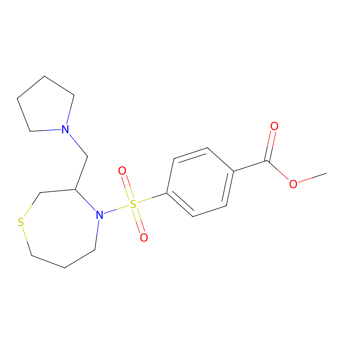 Methyl 4-((3-(pyrrolidin-1-ylmethyl)-1,4-thiazepan-4-yl)sulfonyl)benzoate molecular structure, CAS 1421515-89-0