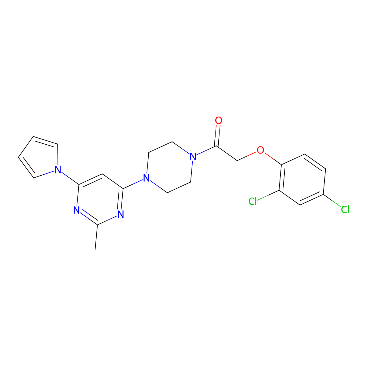 2-(2,4-dichlorophenoxy)-1-(4-(2-methyl-6-(1H-pyrrol-1-yl)pyrimidin-4-yl)piperazin-1-yl)ethanone molecular structure, CAS 1421515-95-8