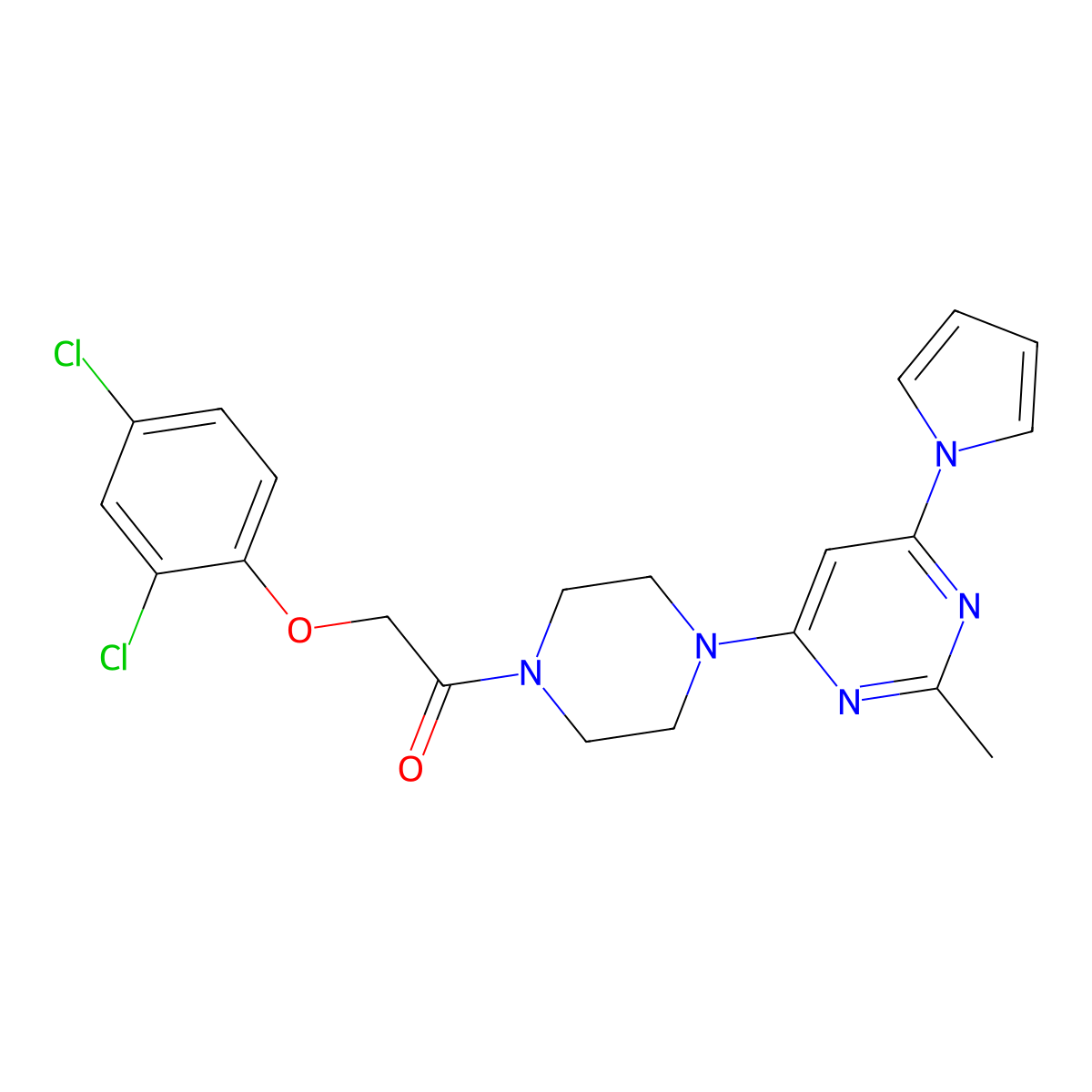 2-(2,4-dichlorophenoxy)-1-(4-(2-methyl-6-(1H-pyrrol-1-yl)pyrimidin-4-yl)piperazin-1-yl)ethanone molecular structure, CAS 1421515-95-8