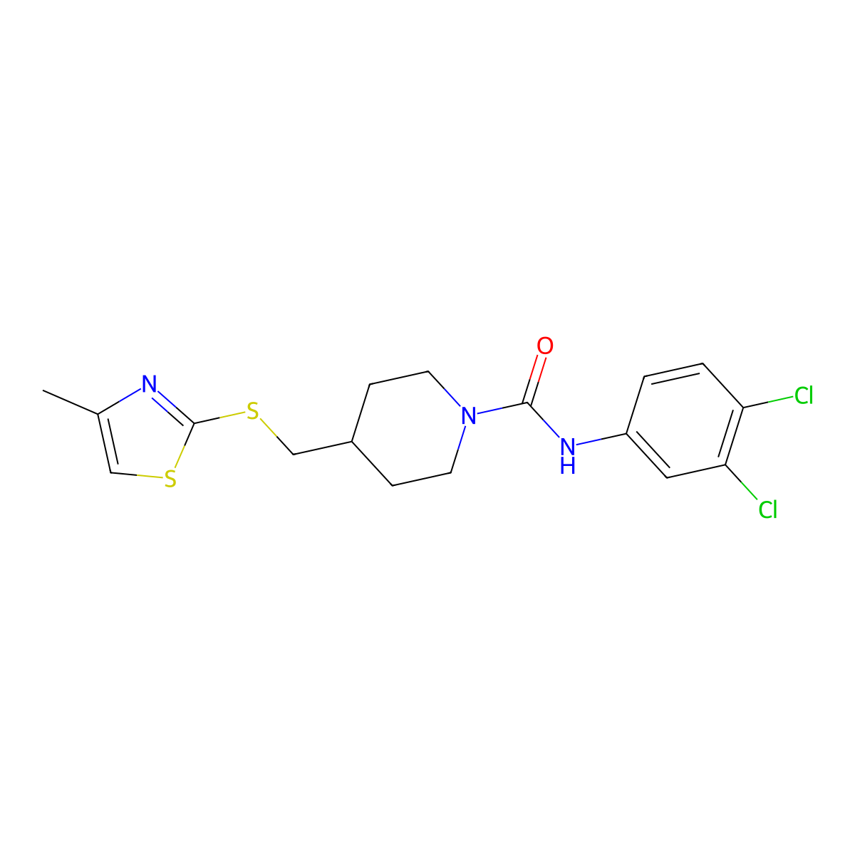 N-(3,4-dichlorophenyl)-4-(((4-methylthiazol-2-yl)thio)methyl)piperidine-1-carboxamide molecular structure, CAS 1421515-96-9