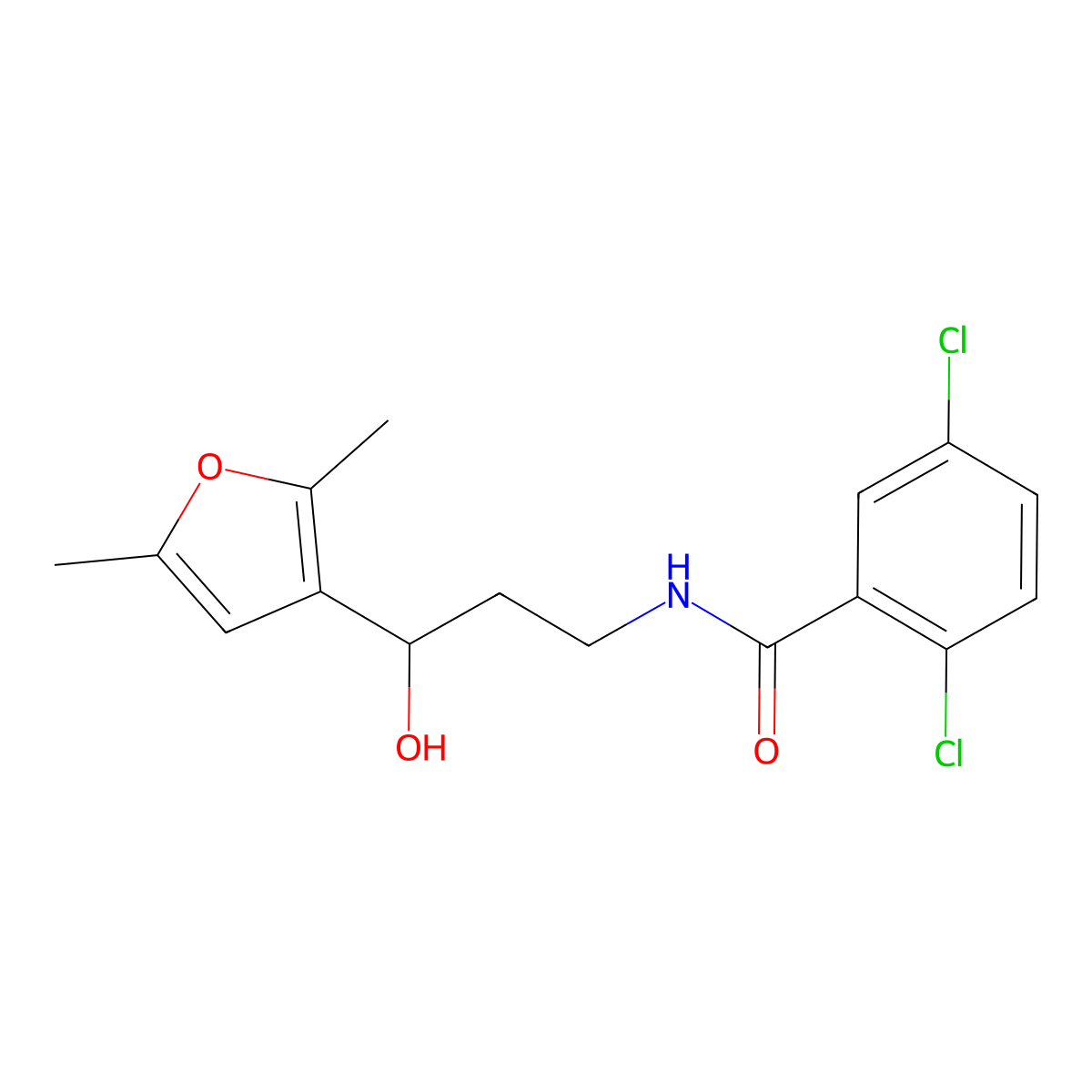 2,5-Dichloro-N-[3-(2,5-dimethylfuran-3-YL)-3-hydroxypropyl]benzamide molecular structure, CAS 1421516-02-0
