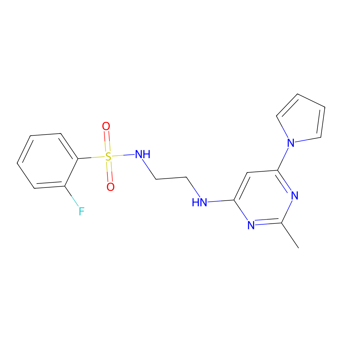 2-fluoro-N-(2-((2-methyl-6-(1H-pyrrol-1-yl)pyrimidin-4-yl)amino)ethyl)benzenesulfonamide molecular structure, CAS 1421516-03-1