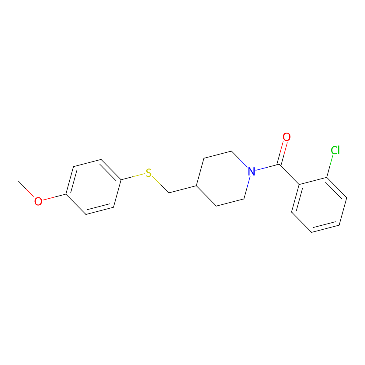 (2-Chlorophenyl)(4-(((4-methoxyphenyl)thio)methyl)piperidin-1-yl)methanone molecular structure, CAS 1421516-04-2