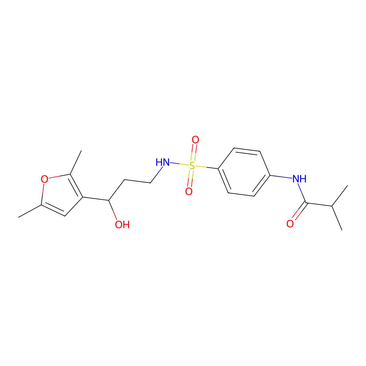 N-(4-(N-(3-(2,5-dimethylfuran-3-yl)-3-hydroxypropyl)sulfamoyl)phenyl)isobutyramide molecular structure, CAS 1421516-10-0