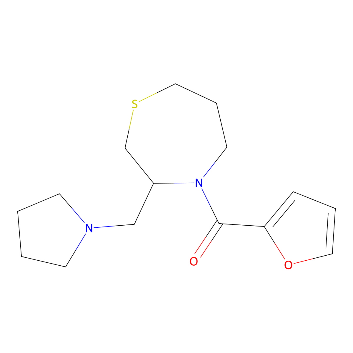 Furan-2-yl(3-(pyrrolidin-1-ylmethyl)-1,4-thiazepan-4-yl)methanone molecular structure, CAS 1421516-14-4