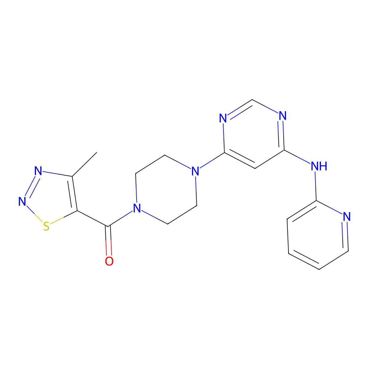 (4-Methyl-1,2,3-thiadiazol-5-yl)(4-(6-(pyridin-2-ylamino)pyrimidin-4-yl)piperazin-1-yl)methanone molecular structure, CAS 1421516-19-9