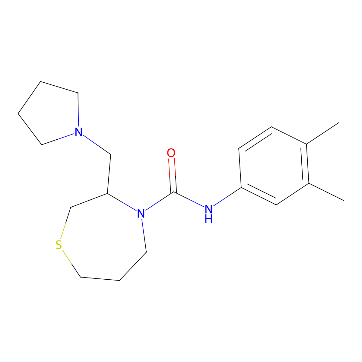 N-(3,4-dimethylphenyl)-3-(pyrrolidin-1-ylmethyl)-1,4-thiazepane-4-carboxamide molecular structure, CAS 1421516-28-0