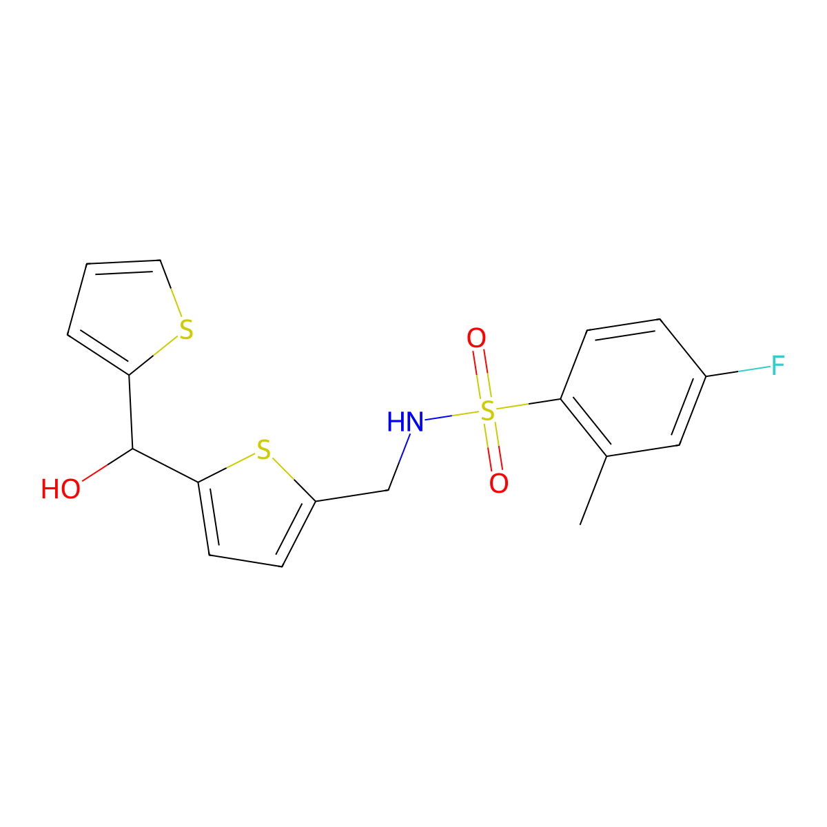 4-fluoro-N-({5-[hydroxy(thiophen-2-yl)methyl]thiophen-2-yl}methyl)-2-methylbenzene-1-sulfonamide molecular structure, CAS 1421516-40-6
