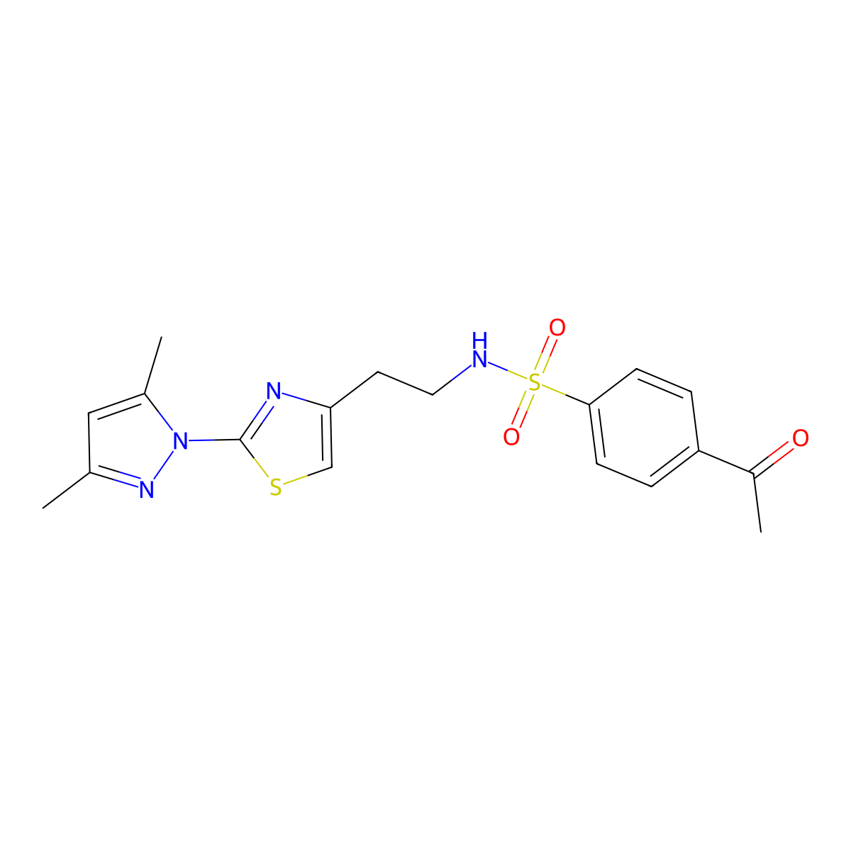 4-acetyl-N-(2-(2-(3,5-dimethyl-1H-pyrazol-1-yl)thiazol-4-yl)ethyl)benzenesulfonamide molecular structure, CAS 1421516-41-7