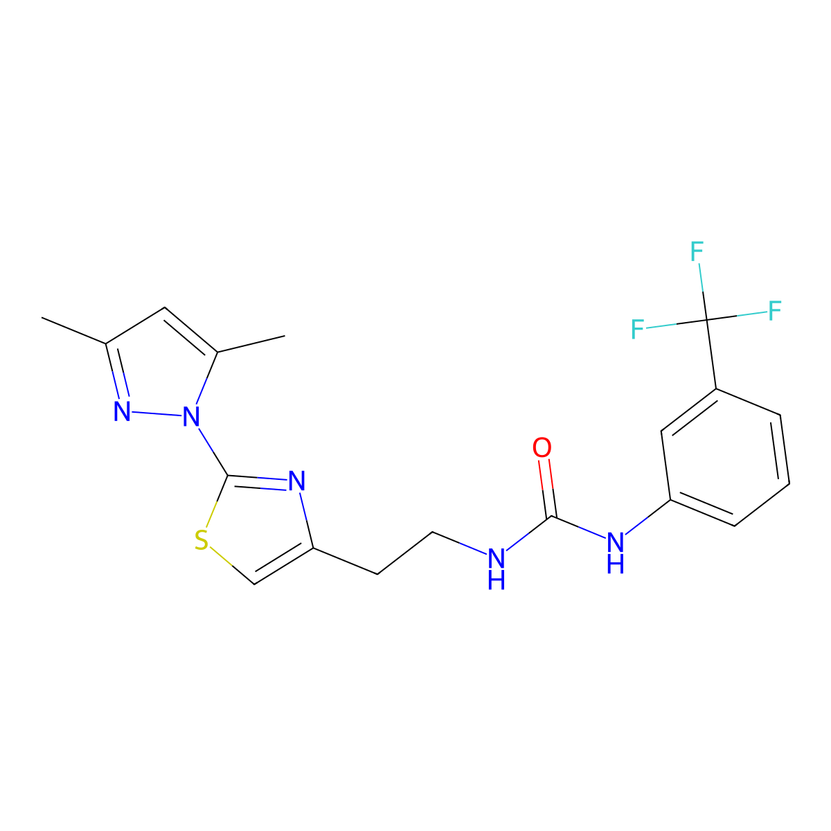 1-(2-(2-(3,5-dimethyl-1H-pyrazol-1-yl)thiazol-4-yl)ethyl)-3-(3-(trifluoromethyl)phenyl)urea molecular structure, CAS 1421516-43-9