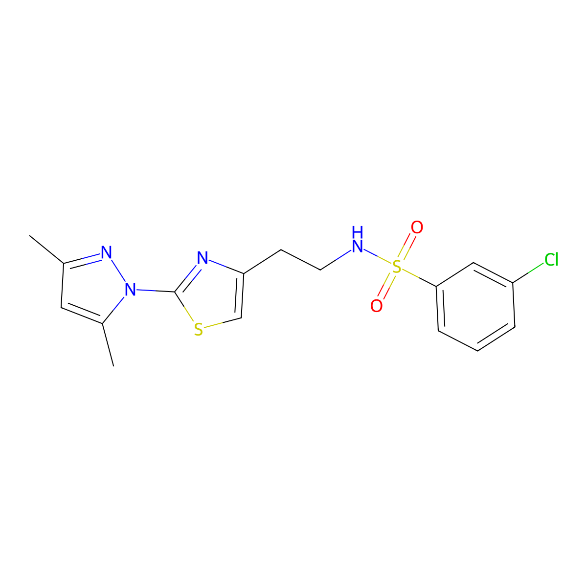 3-chloro-N-(2-(2-(3,5-dimethyl-1H-pyrazol-1-yl)thiazol-4-yl)ethyl)benzenesulfonamide molecular structure, CAS 1421516-52-0