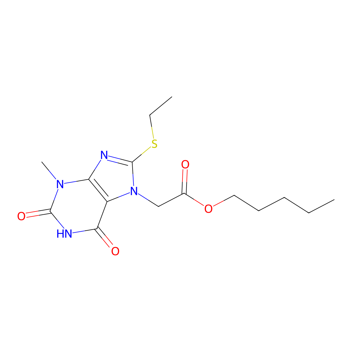 pentyl 2-(8-(ethylthio)-3-methyl-2,6-dioxo-2,3-dihydro-1H-purin-7(6H)-yl)acetate molecular structure, CAS 1421516-67-7