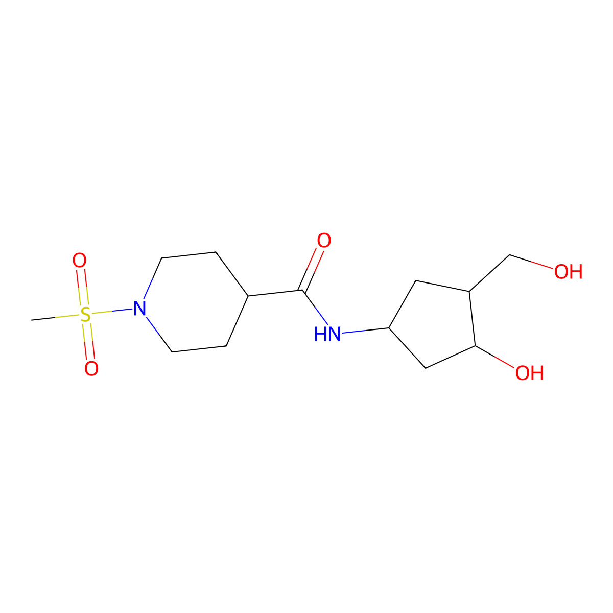 N-(3-hydroxy-4-(hydroxymethyl)cyclopentyl)-1-(methylsulfonyl)piperidine-4-carboxamide molecular structure, CAS 1421516-76-8