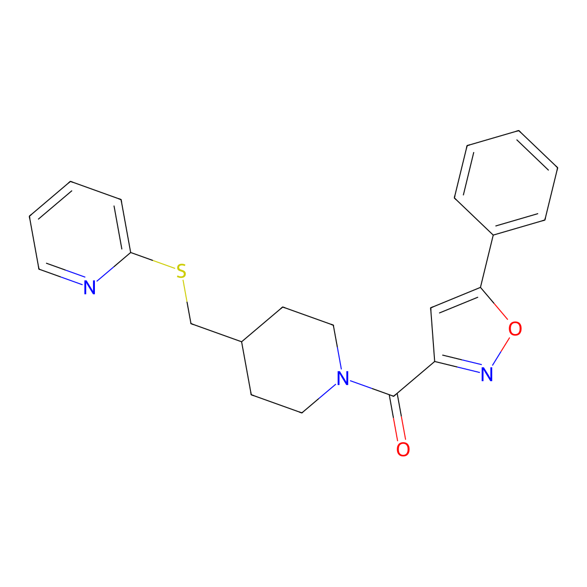 (5-Phenylisoxazol-3-yl)(4-((pyridin-2-ylthio)methyl)piperidin-1-yl)methanone molecular structure, CAS 1421516-79-1