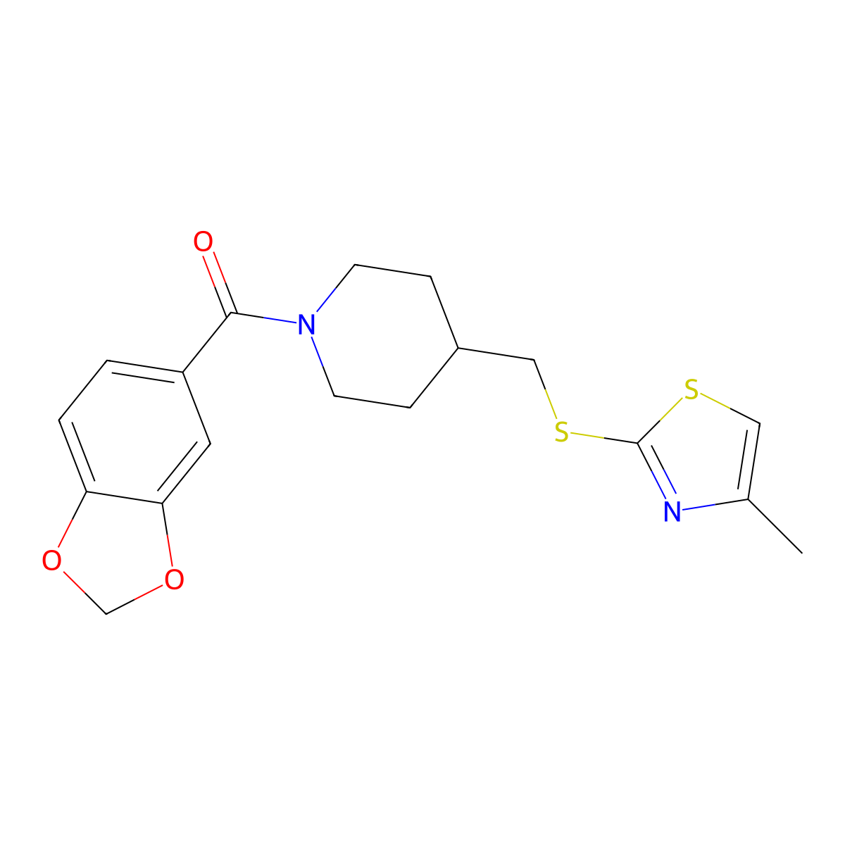 Benzo[d][1,3]dioxol-5-yl(4-(((4-methylthiazol-2-yl)thio)methyl)piperidin-1-yl)methanone molecular structure, CAS 1421516-90-6