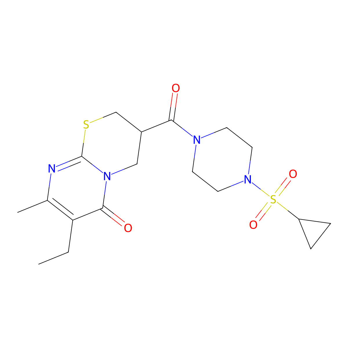3-(4-(cyclopropylsulfonyl)piperazine-1-carbonyl)-7-ethyl-8-methyl-3,4-dihydropyrimido[2,1-b][1,3]thiazin-6(2H)-one molecular structure, CAS 1421516-93-9