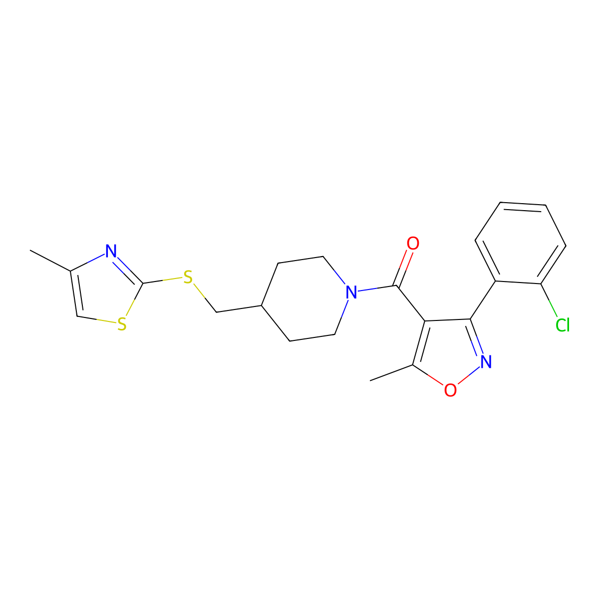 (3-(2-Chlorophenyl)-5-methylisoxazol-4-yl)(4-(((4-methylthiazol-2-yl)thio)methyl)piperidin-1-yl)methanone molecular structure, CAS 1421516-97-3