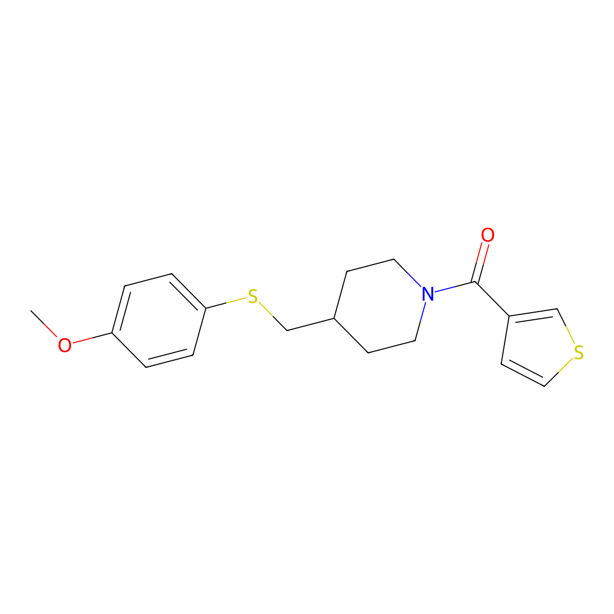 (4-(((4-Methoxyphenyl)thio)methyl)piperidin-1-yl)(thiophen-3-yl)methanone molecular structure, CAS 1421517-08-9