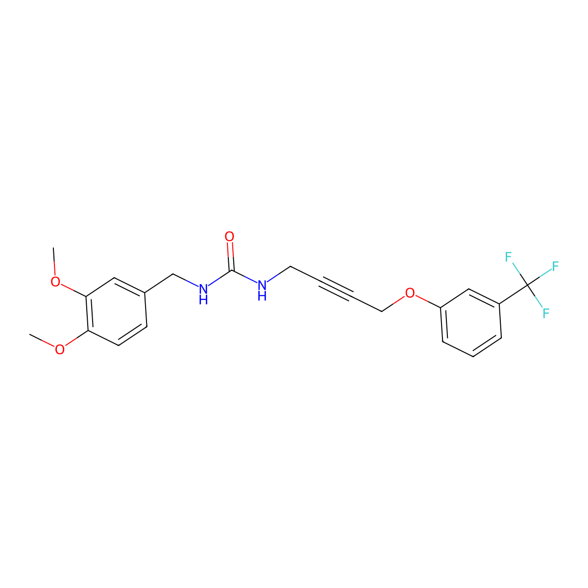 1-(3,4-Dimethoxybenzyl)-3-(4-(3-(trifluoromethyl)phenoxy)but-2-yn-1-yl)urea molecular structure, CAS 1421517-11-4