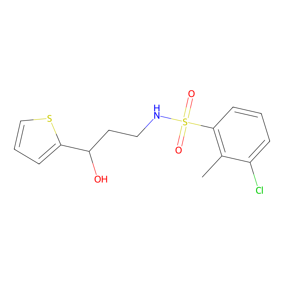 3-chloro-N-(3-hydroxy-3-(thiophen-2-yl)propyl)-2-methylbenzenesulfonamide molecular structure, CAS 1421517-13-6