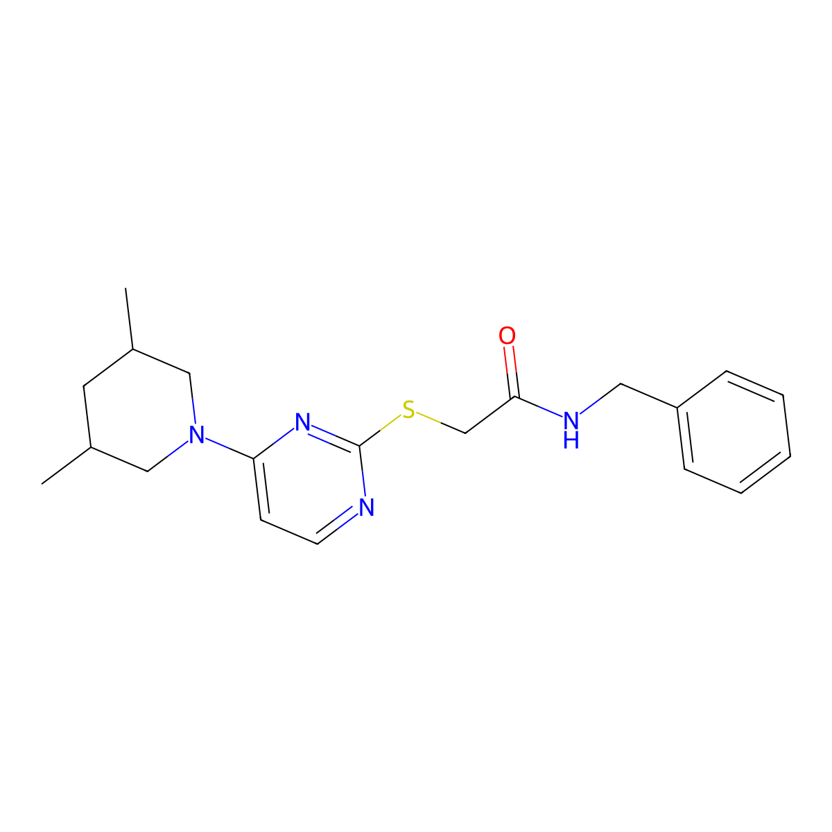 N-benzyl-2-((4-(3,5-dimethylpiperidin-1-yl)pyrimidin-2-yl)thio)acetamide molecular structure, CAS 1421517-14-7