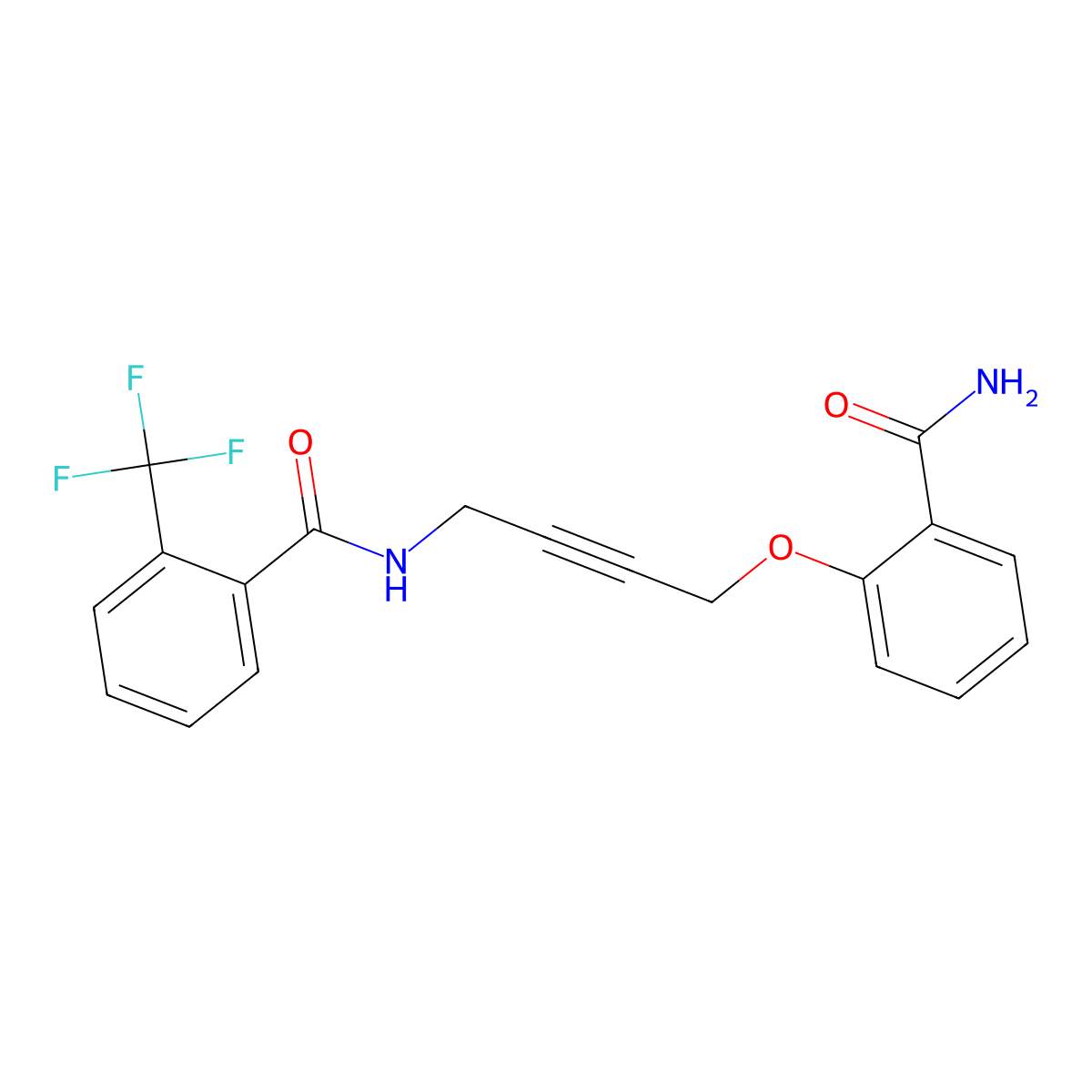N-(4-(2-carbamoylphenoxy)but-2-yn-1-yl)-2-(trifluoromethyl)benzamide molecular structure, CAS 1421517-15-8