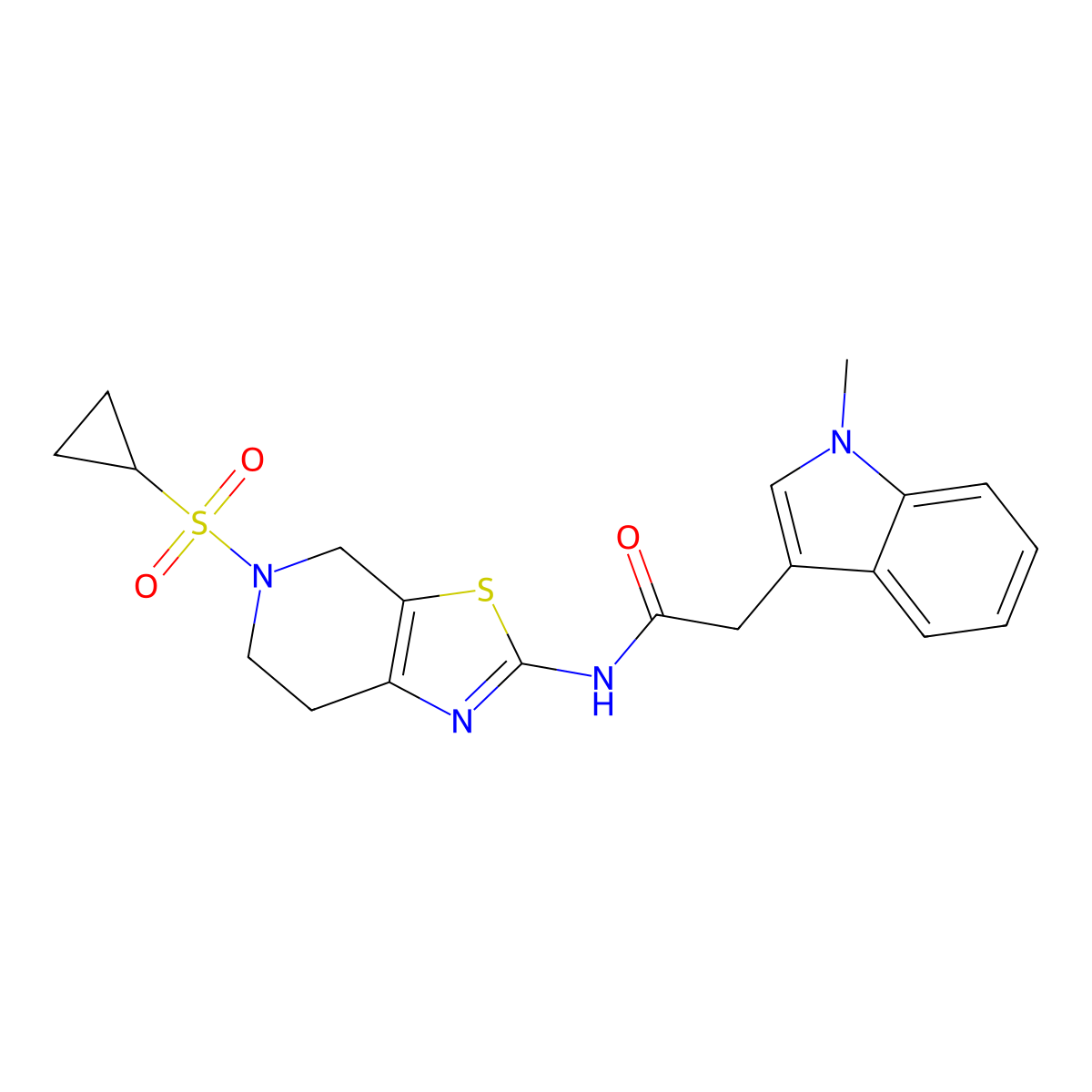 N-(5-(cyclopropylsulfonyl)-4,5,6,7-tetrahydrothiazolo[5,4-c]pyridin-2-yl)-2-(1-methyl-1H-indol-3-yl)acetamide molecular structure, CAS 1421517-37-4