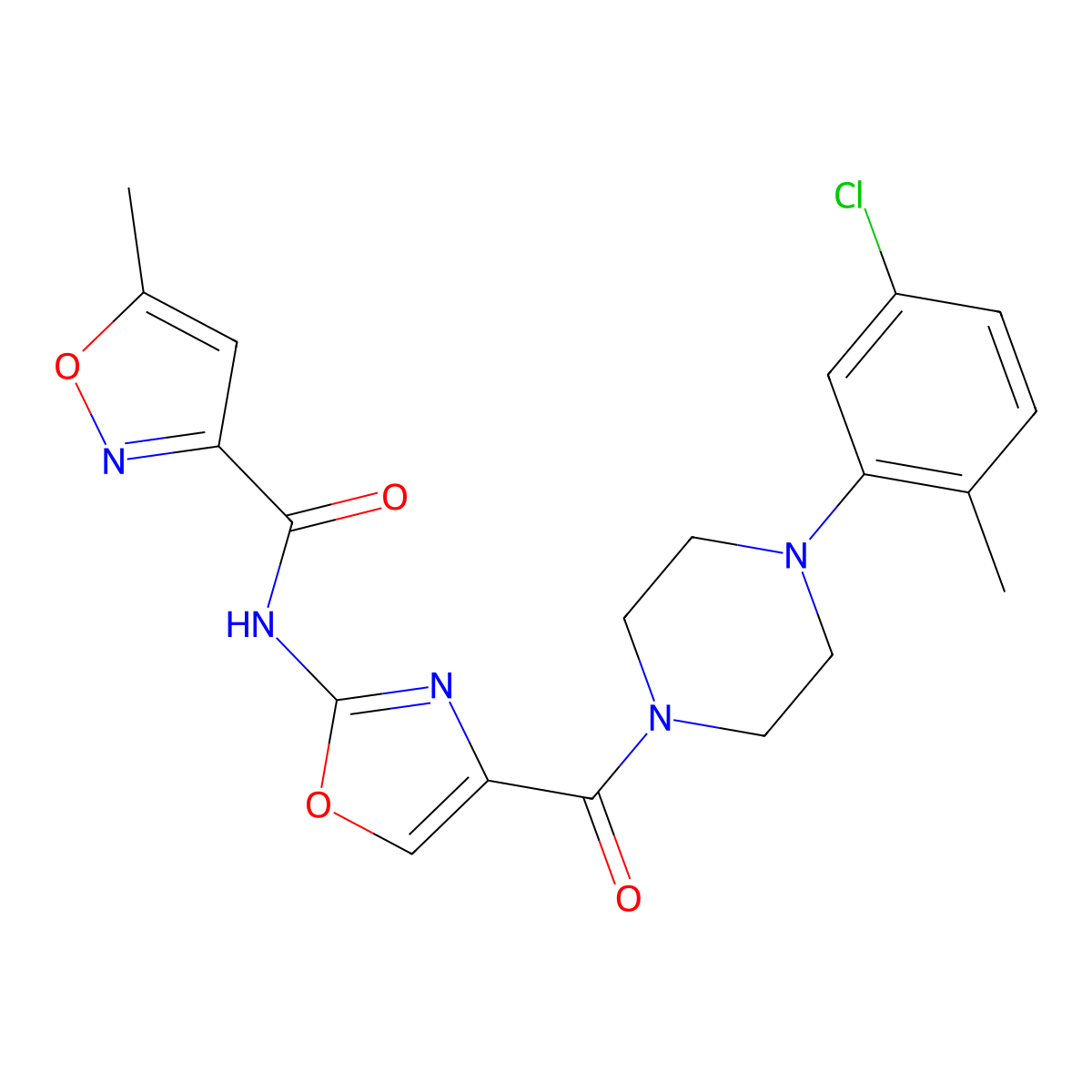 N-(4-(4-(5-chloro-2-methylphenyl)piperazine-1-carbonyl)oxazol-2-yl)-5-methylisoxazole-3-carboxamide molecular structure, CAS 1421517-40-9