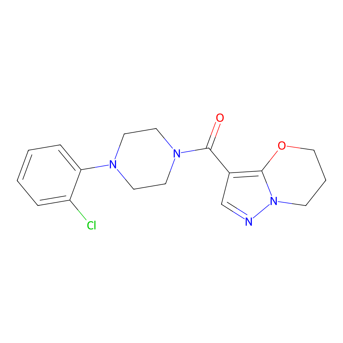 (4-(2-chlorophenyl)piperazin-1-yl)(6,7-dihydro-5H-pyrazolo[5,1-b][1,3]oxazin-3-yl)methanone molecular structure, CAS 1421517-60-3