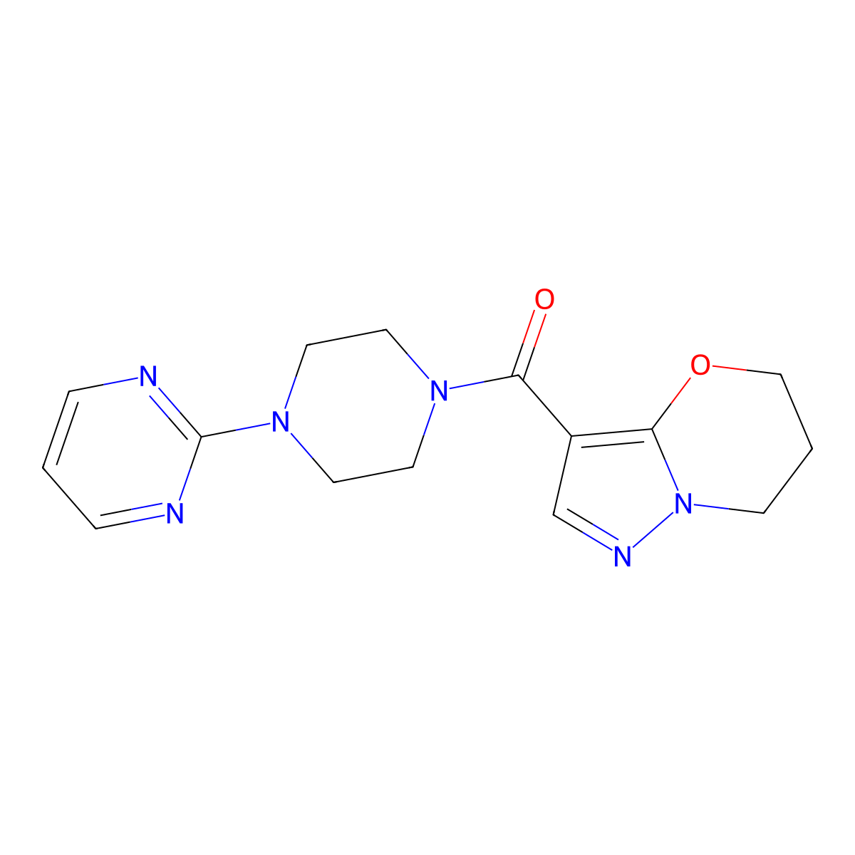(6,7-dihydro-5H-pyrazolo[5,1-b][1,3]oxazin-3-yl)(4-(pyrimidin-2-yl)piperazin-1-yl)methanone molecular structure, CAS 1421517-62-5