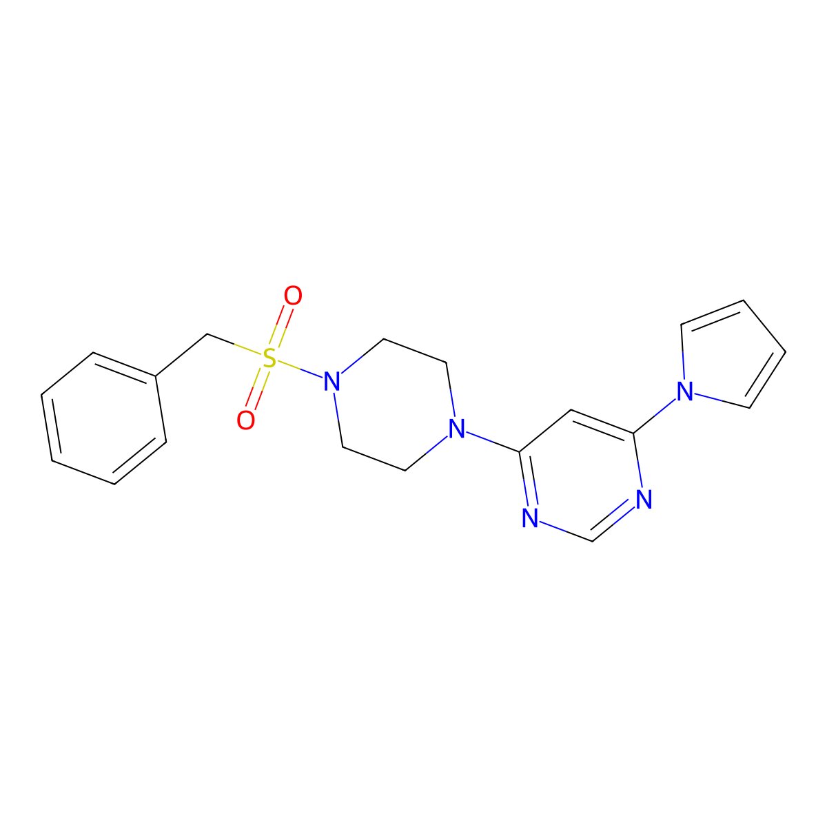 4-(4-(benzylsulfonyl)piperazin-1-yl)-6-(1H-pyrrol-1-yl)pyrimidine molecular structure, CAS 1421517-72-7