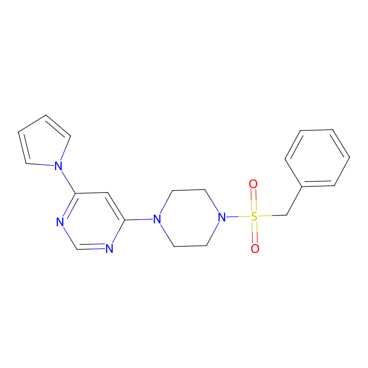4-(4-(benzylsulfonyl)piperazin-1-yl)-6-(1H-pyrrol-1-yl)pyrimidine molecular structure, CAS 1421517-72-7