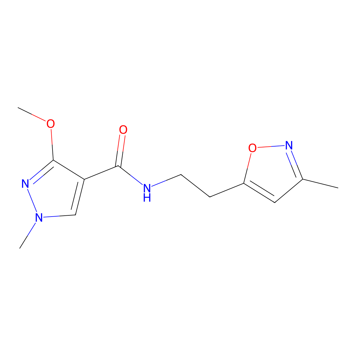 3-methoxy-1-methyl-N-(2-(3-methylisoxazol-5-yl)ethyl)-1H-pyrazole-4-carboxamide molecular structure, CAS 1421517-74-9