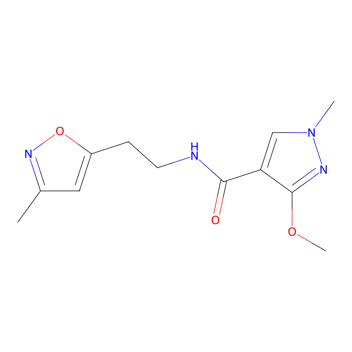 3-methoxy-1-methyl-N-(2-(3-methylisoxazol-5-yl)ethyl)-1H-pyrazole-4-carboxamide molecular structure, CAS 1421517-74-9