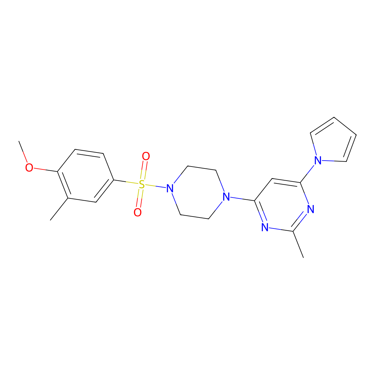 4-(4-((4-methoxy-3-methylphenyl)sulfonyl)piperazin-1-yl)-2-methyl-6-(1H-pyrrol-1-yl)pyrimidine molecular structure, CAS 1421521-86-9