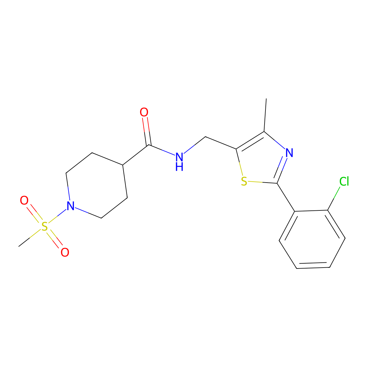 N-((2-(2-chlorophenyl)-4-methylthiazol-5-yl)methyl)-1-(methylsulfonyl)piperidine-4-carboxamide molecular structure, CAS 1421521-88-1
