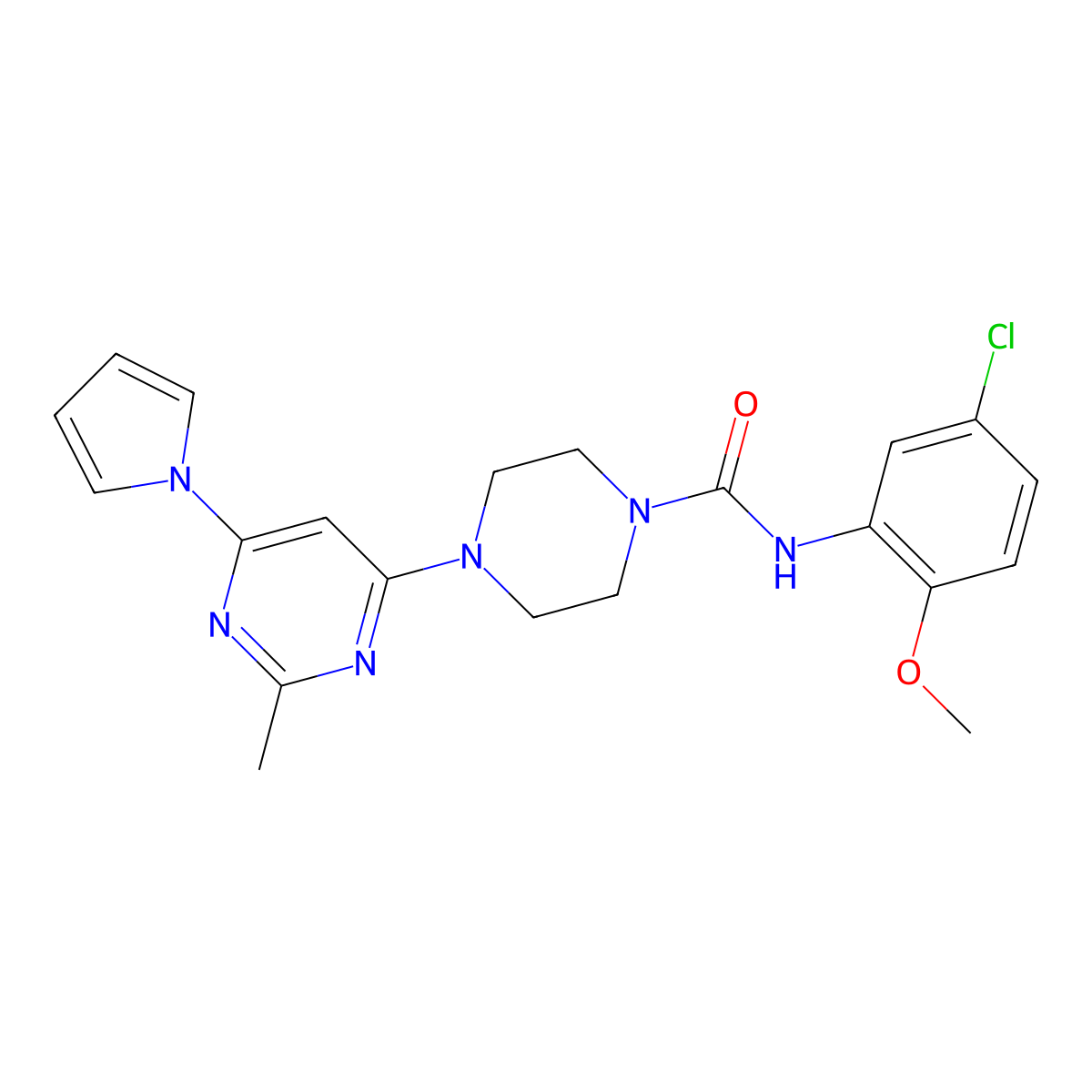 N-(5-chloro-2-methoxyphenyl)-4-(2-methyl-6-(1H-pyrrol-1-yl)pyrimidin-4-yl)piperazine-1-carboxamide molecular structure, CAS 1421521-92-7