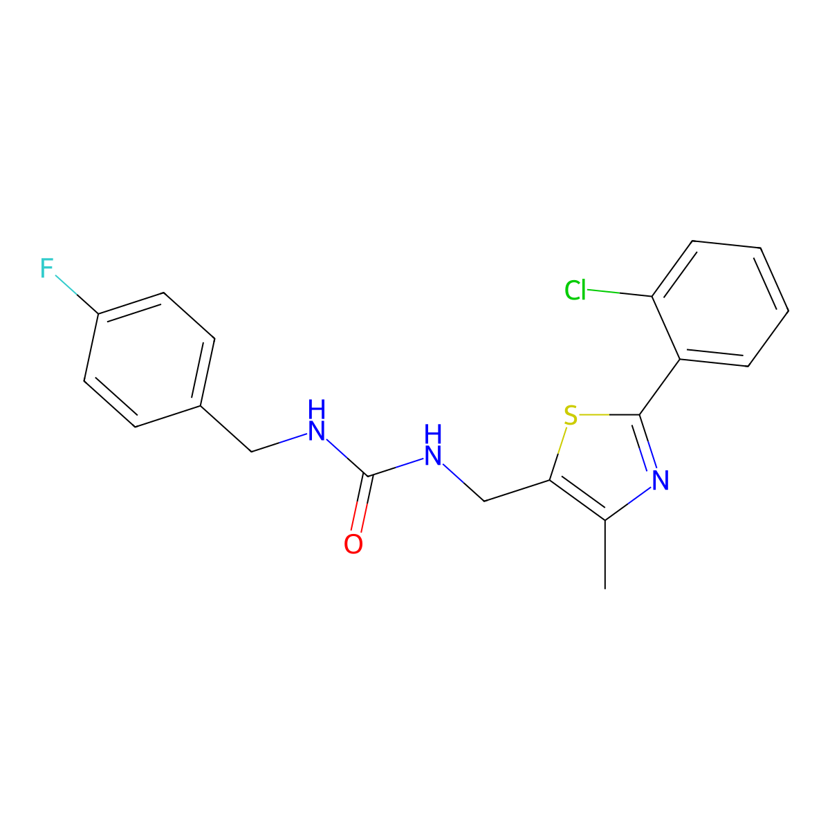 1-((2-(2-Chlorophenyl)-4-methylthiazol-5-yl)methyl)-3-(4-fluorobenzyl)urea molecular structure, CAS 1421522-04-4