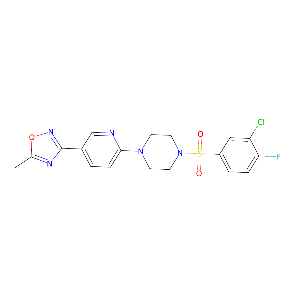 3-(6-(4-((3-Chloro-4-fluorophenyl)sulfonyl)piperazin-1-yl)pyridin-3-yl)-5-methyl-1,2,4-oxadiazole molecular structure, CAS 1421522-14-6