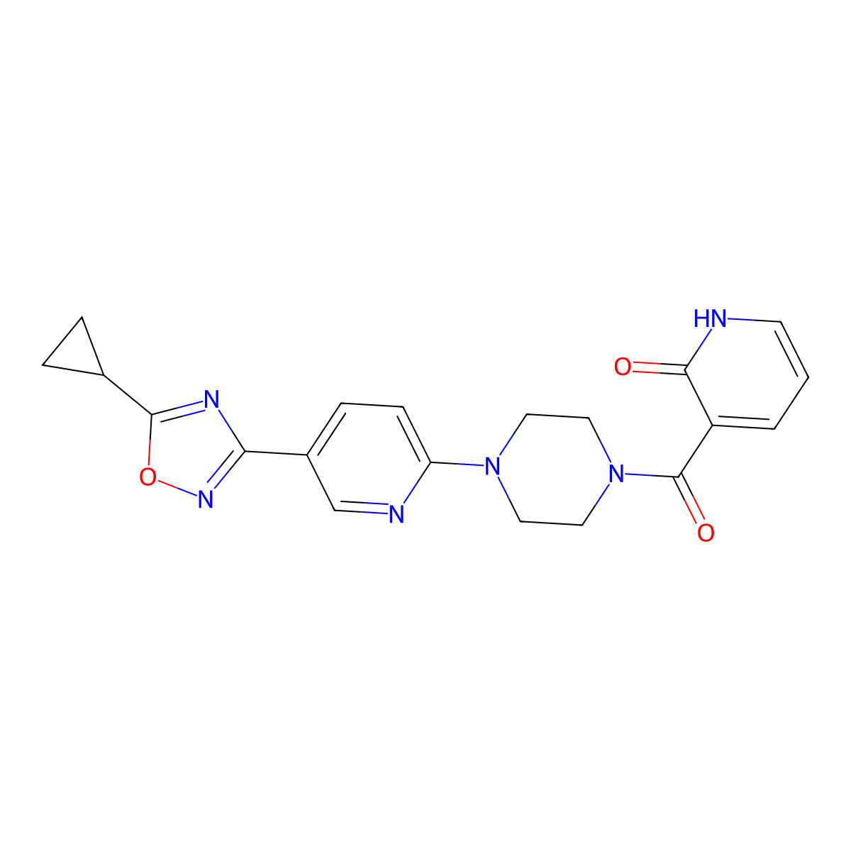 3-(4-(5-(5-cyclopropyl-1,2,4-oxadiazol-3-yl)pyridin-2-yl)piperazine-1-carbonyl)pyridin-2(1H)-one molecular structure, CAS 1421522-22-6