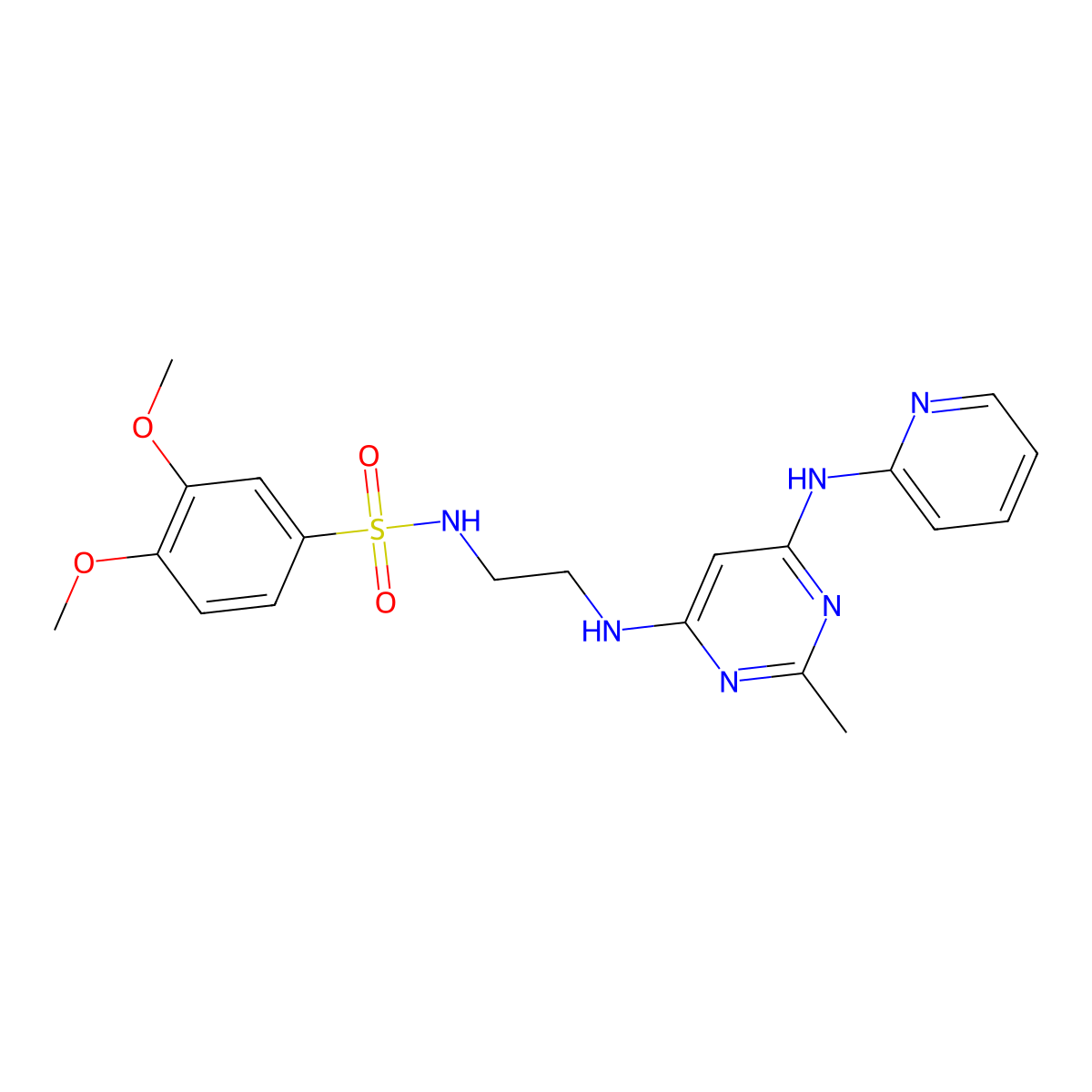 3,4-dimethoxy-N-(2-((2-methyl-6-(pyridin-2-ylamino)pyrimidin-4-yl)amino)ethyl)benzenesulfonamide molecular structure, CAS 1421522-23-7