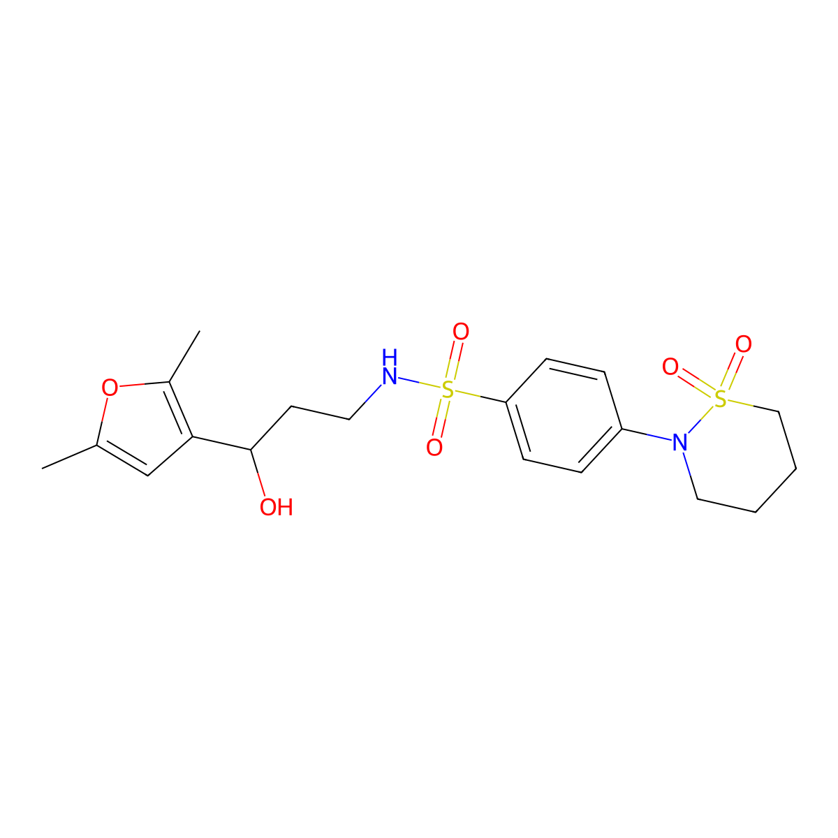 N-(3-(2,5-dimethylfuran-3-yl)-3-hydroxypropyl)-4-(1,1-dioxido-1,2-thiazinan-2-yl)benzenesulfonamide molecular structure, CAS 1421522-38-4
